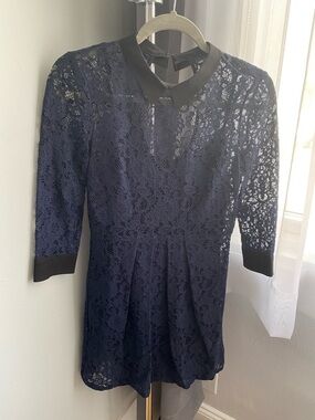 BCBG Lace Fit-and-Flare Dress with Contrasting Collar - Navy